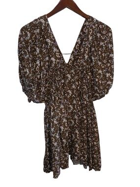 Millibon Brown Floral V-Neck Puff Sleeve mini cottagecore summer day Dress